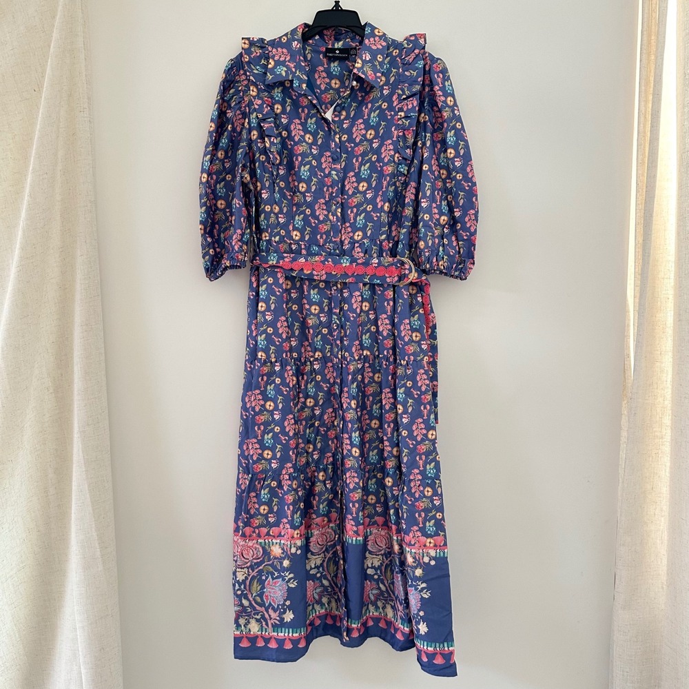 Emily Lovelock Floral Lobster Shirt Dress US 8/10 Midi Puff Sleeve Boho Novelty